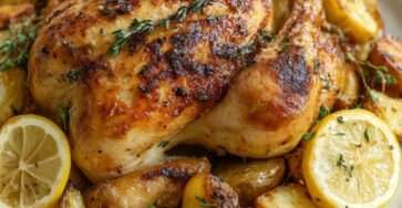 poulet rôti doré avec pommes de terre fondantes, citron et thym dans un plat familial