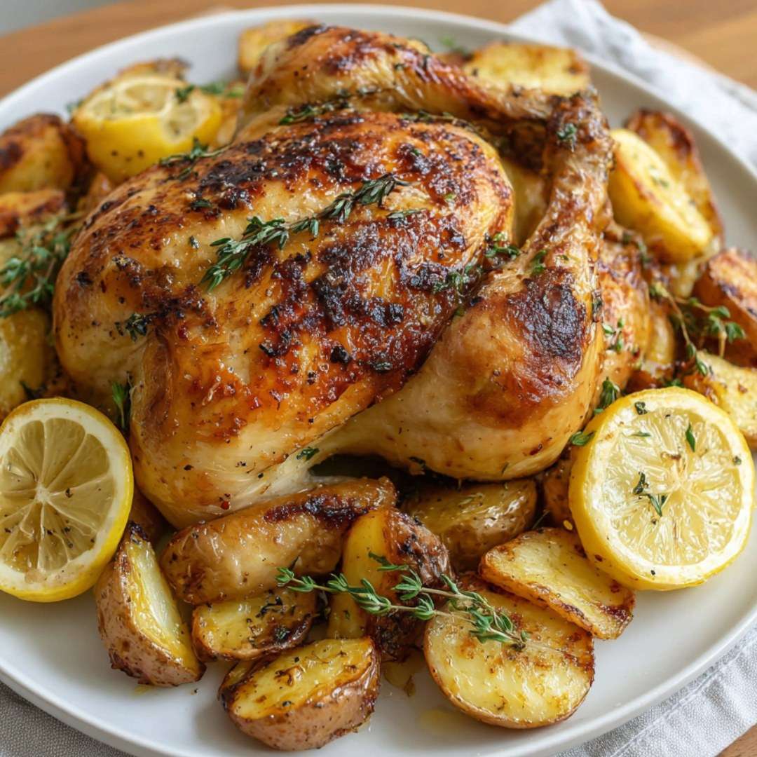 poulet rôti doré avec pommes de terre fondantes, citron et thym dans un plat familial