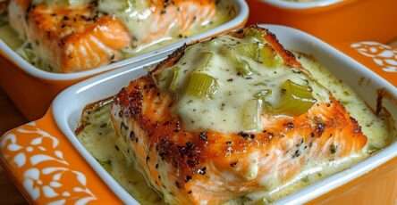 cassolettes individuelles de saumon nappées de crème de poireaux et herbes fraîches