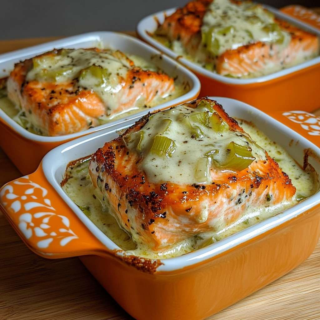 cassolettes individuelles de saumon nappées de crème de poireaux et herbes fraîches