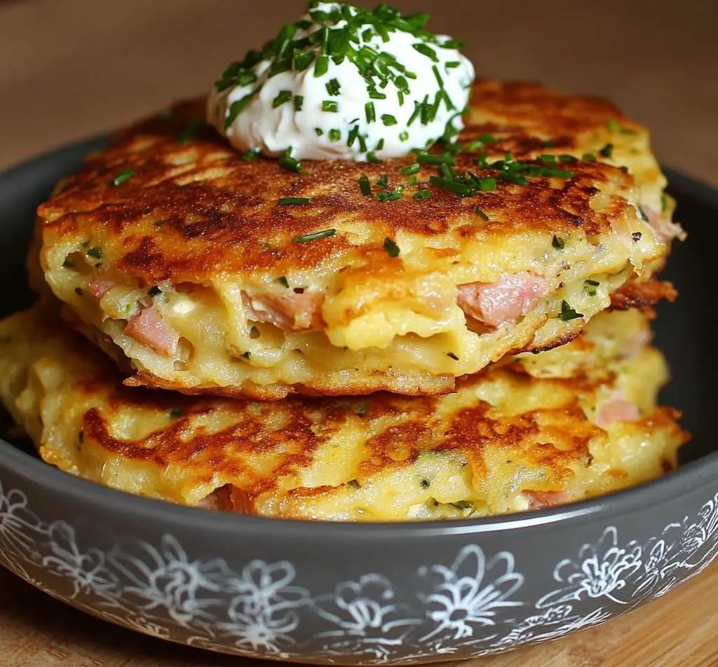 galettes dorées de pâtes au jambon et fromage servies chaudes dans une assiette