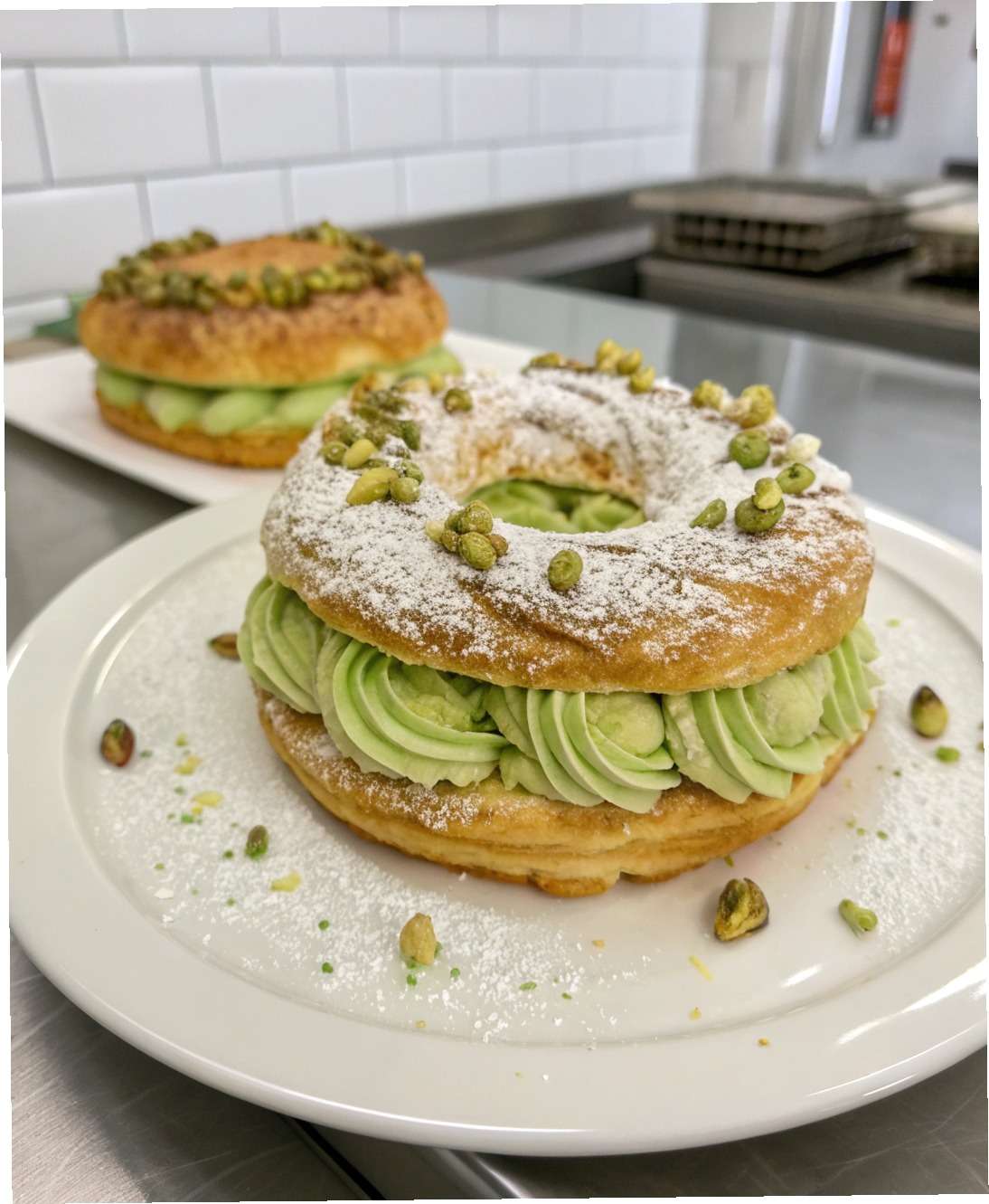 paris-brest à la mousse de pistache avec pistaches concassées et sucre glace