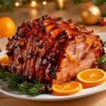jambon rôti laqué à l’orange et au miel, décoré de rondelles d’orange et herbes fraîches