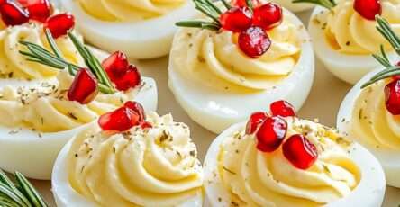 oeufs mimosa festifs crème citronnée grenade romarin sur plateau apéritif