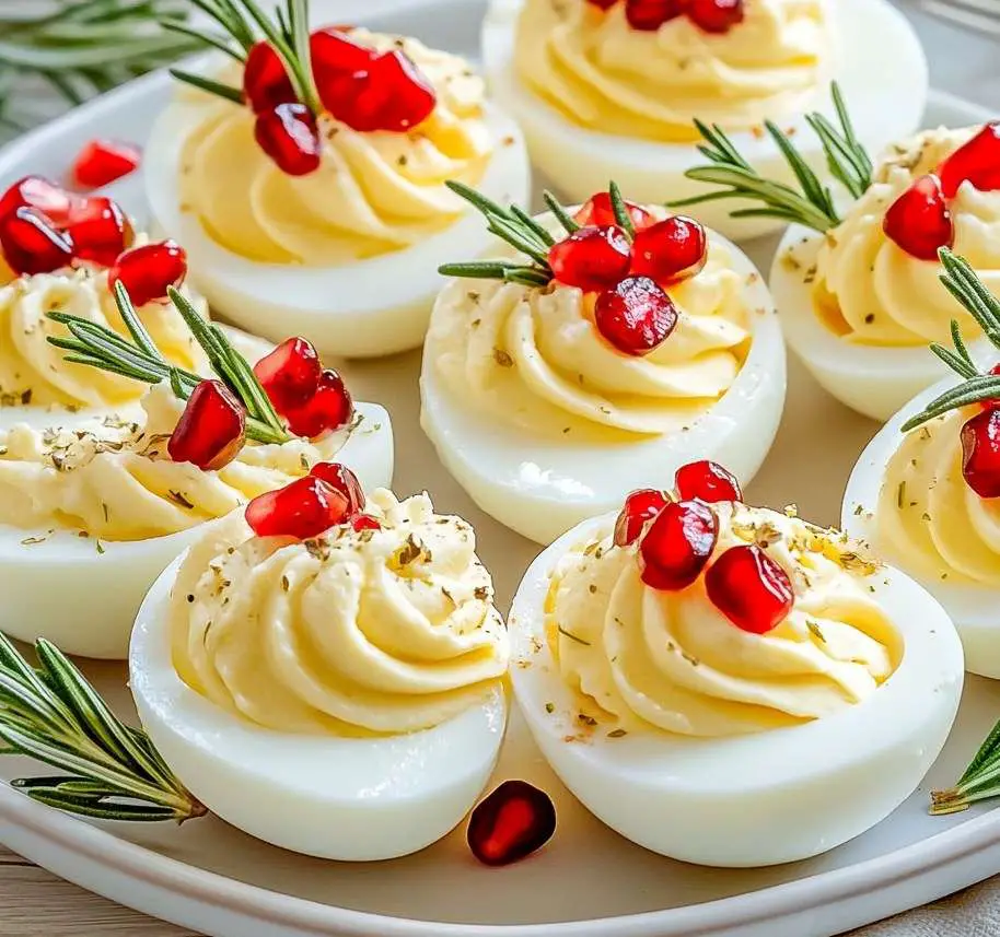 oeufs mimosa festifs crème citronnée grenade romarin sur plateau apéritif