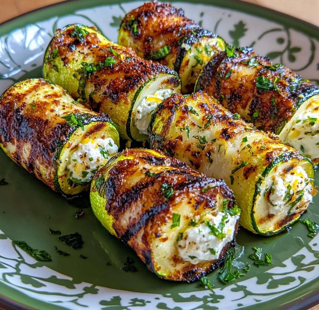 bouchées de courgettes grillées roulées à la ricotta et au citron sur assiette