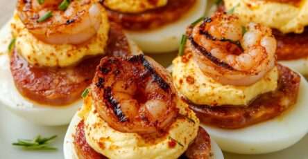 oeufs farcis garnis de chorizo grillé et crevettes sur plateau apéritif