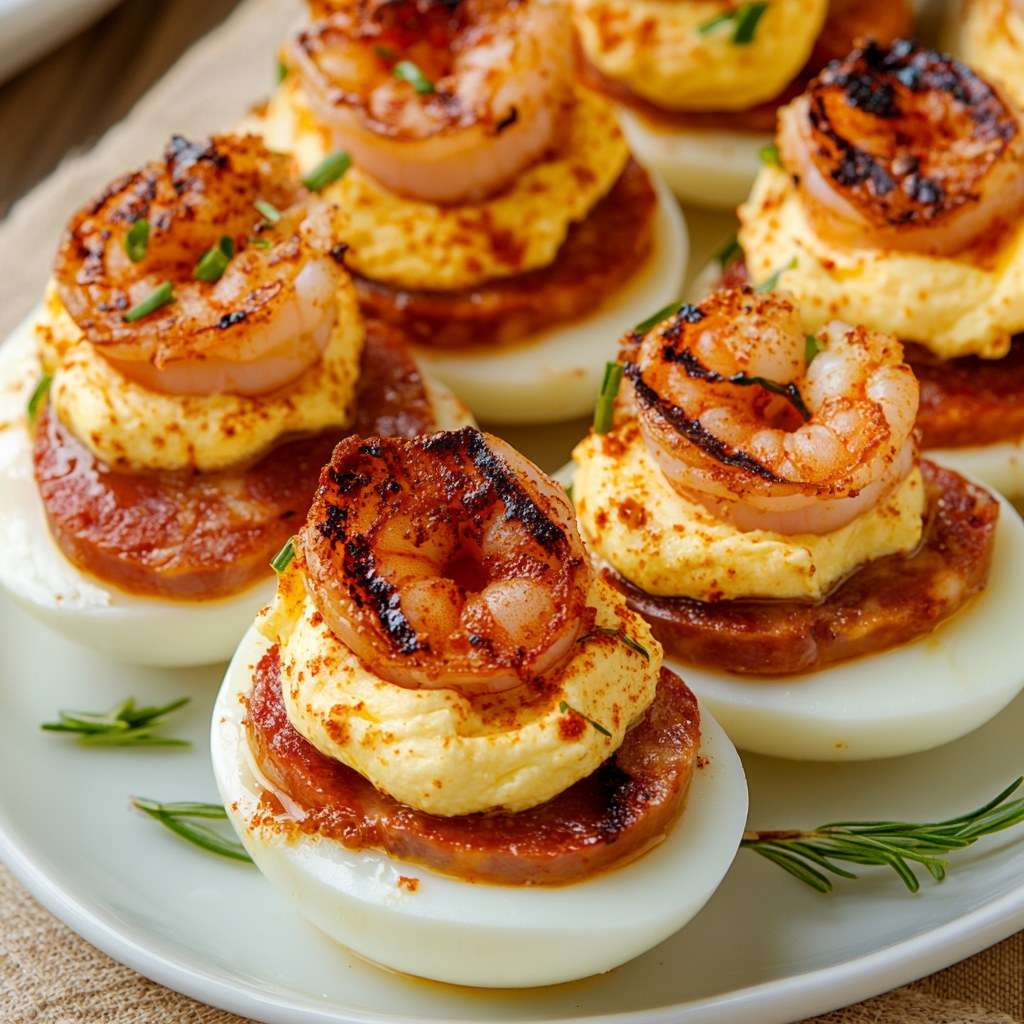 oeufs farcis garnis de chorizo grillé et crevettes sur plateau apéritif