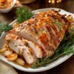 jambon rôti doré au miel et à la moutarde avec oignons rôtis dans un plat