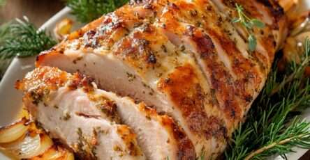 jambon rôti doré au miel et à la moutarde avec oignons rôtis dans un plat