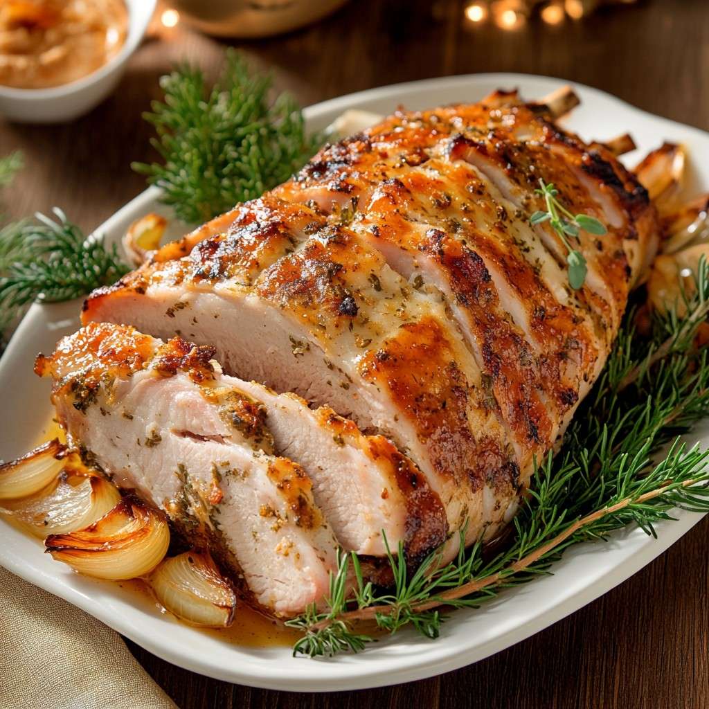 jambon rôti doré au miel et à la moutarde avec oignons rôtis dans un plat