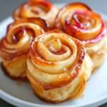 Roses feuilletées aux pommes et à la cannelle, dorées et caramélisées, disposées dans des moules à muffins, saupoudrées de sucre glace, prêtes à être dégustées en dessert ou au goûter.