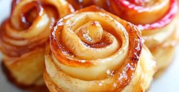 Roses feuilletées aux pommes et à la cannelle, dorées et caramélisées, disposées dans des moules à muffins, saupoudrées de sucre glace, prêtes à être dégustées en dessert ou au goûter.