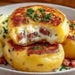 Pommes de terre farcies gratinées au Reblochon et lardons, dorées au four et garnies de ciboulette fraîche.
