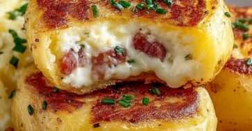 Pommes de terre farcies gratinées au Reblochon et lardons, dorées au four et garnies de ciboulette fraîche.