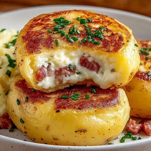 Pommes de terre farcies gratinées au Reblochon et lardons, dorées au four et garnies de ciboulette fraîche.