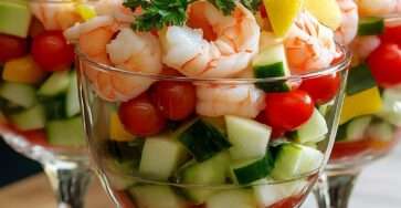 verrines fraîches crevettes concombre tomates cerises assaisonnement citron