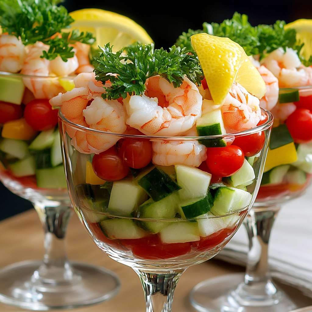 verrines fraîches crevettes concombre tomates cerises assaisonnement citron