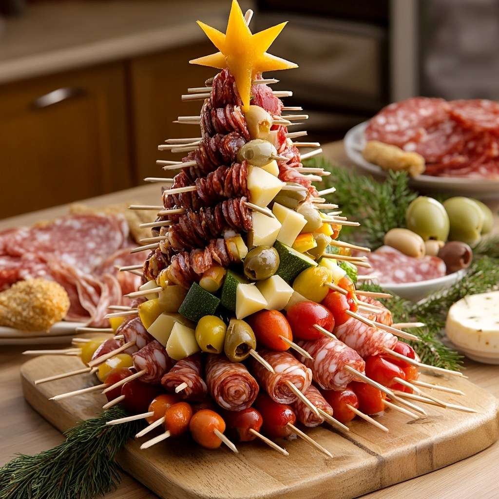 sapin apéritif composé de charcuterie fromages olives et légumes sur cône