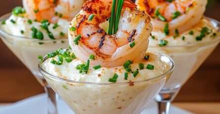 verrines de mousseline de pommes de terre garnies de gambas grillées