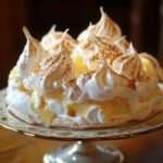 Pavlova au citron meringué avec meringue croustillante, crème chantilly légère et lemon curd maison, décorée de zestes de citron sur un plat de service.