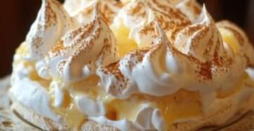 Pavlova au citron meringué avec meringue croustillante, crème chantilly légère et lemon curd maison, décorée de zestes de citron sur un plat de service.