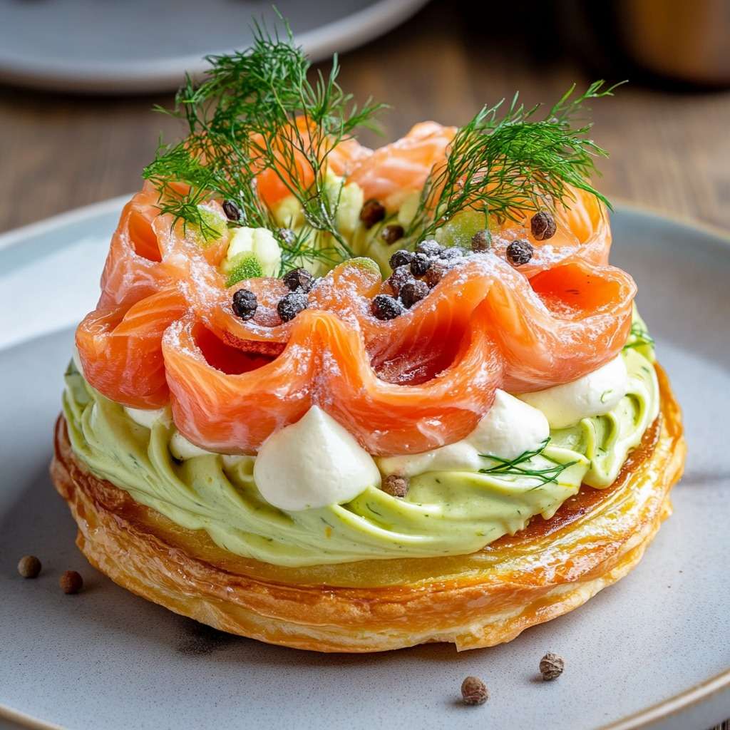 Paris-Brest salé garni de crème d’avocat citronnée et de saumon fumé, décoré de fromage frais fouetté, d’aneth et de baies roses sur une assiette de fête.