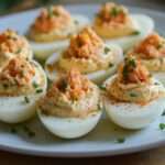 Photographie d’œufs mimosa garnis au saumon ou au thon, décorés de paprika et d’herbes fraîches, disposés sur une assiette élégante.