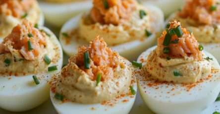Photographie d’œufs mimosa garnis au saumon ou au thon, décorés de paprika et d’herbes fraîches, disposés sur une assiette élégante.