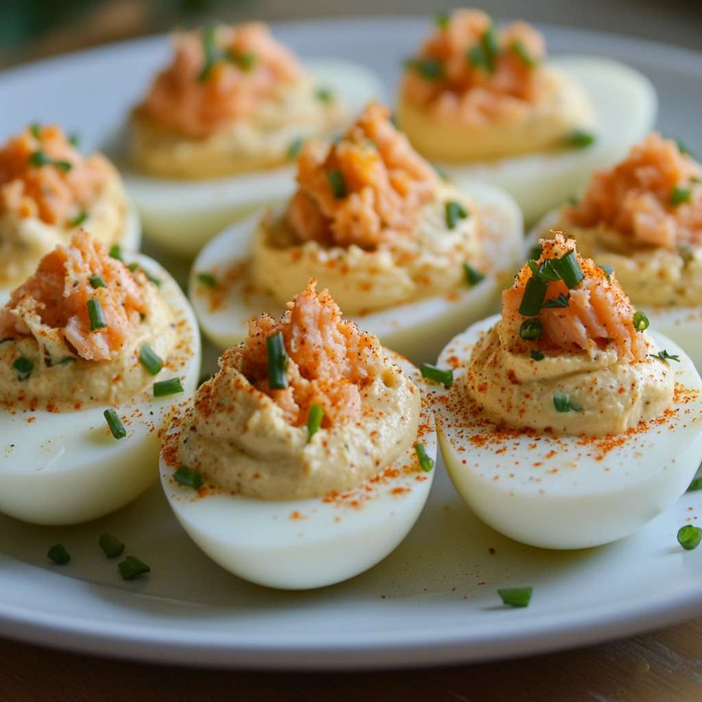Photographie d’œufs mimosa garnis au saumon ou au thon, décorés de paprika et d’herbes fraîches, disposés sur une assiette élégante.
