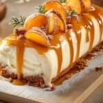 Photographie d’une bûche glacée au caramel et aux spéculoos nappée de caramel coulant, décorée de fruits confits et de romarin sur un plat festif.