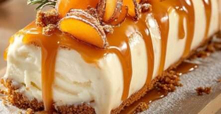 Photographie d’une bûche glacée au caramel et aux spéculoos nappée de caramel coulant, décorée de fruits confits et de romarin sur un plat festif.