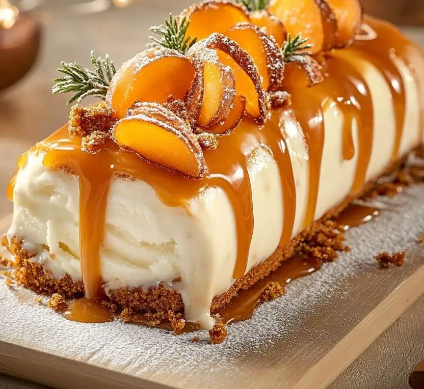 Photographie d’une bûche glacée au caramel et aux spéculoos nappée de caramel coulant, décorée de fruits confits et de romarin sur un plat festif.