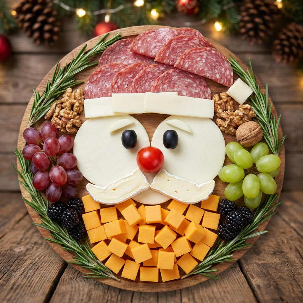 Plateau apéritif représentant un Père Noël réalisé avec saucisson, fromages, olives, tomate cerise, fruits et romarin, présenté en forme de visage festif.