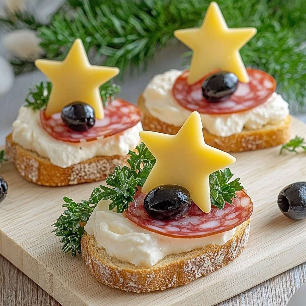 Photographie de toasts festifs garnis de fromage frais, de saucisson, d’étoiles de fromage, d’olives noires et de persil, joliment présentés sur un plateau.
