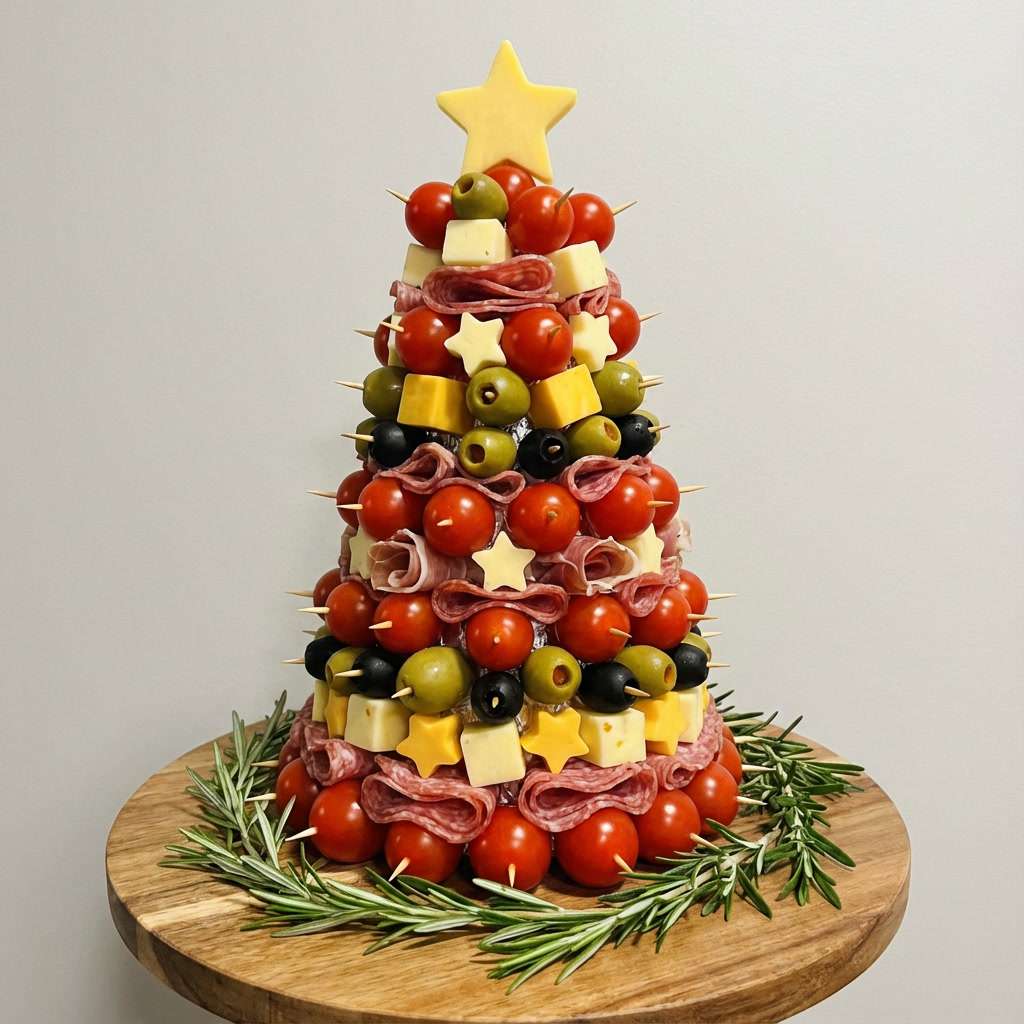 Sapin apéritif composé de tomates cerises, cubes de fromage, olives, saucisson et étoiles décoratives, monté sur un cône et décoré de romarin.
