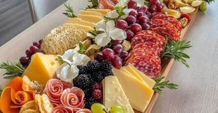 Plateau garni de fromages variés, charcuteries roulées, fruits frais, noix, crackers et herbes, présenté de manière harmonieuse pour un apéritif festif.