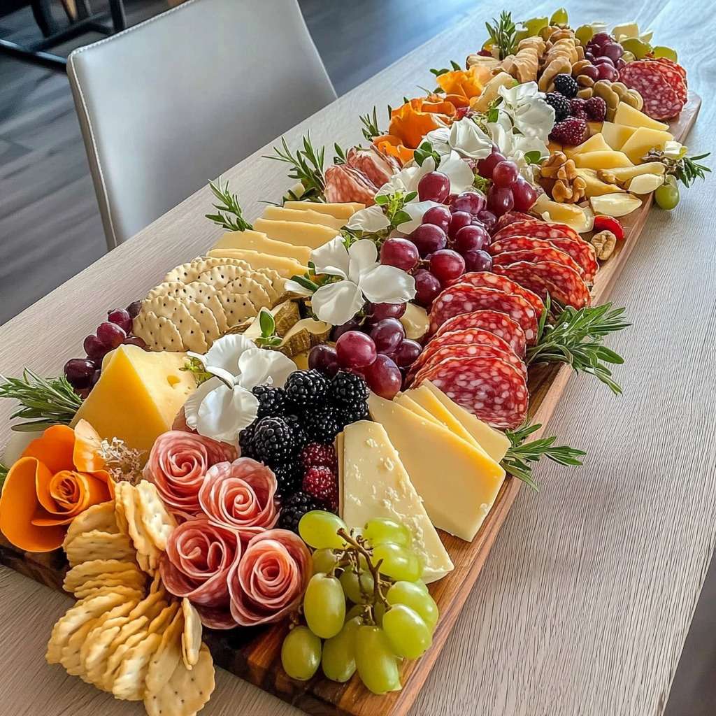 Plateau garni de fromages variés, charcuteries roulées, fruits frais, noix, crackers et herbes, présenté de manière harmonieuse pour un apéritif festif.