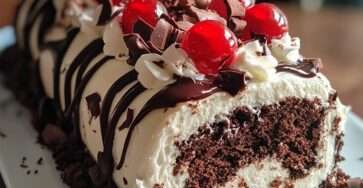 Gâteau roulé Forêt-Noire garni de chantilly et cerises, décoré de copeaux de chocolat et de cerises entières sur une assiette.
