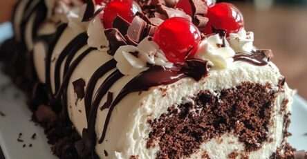 Gâteau roulé Forêt-Noire garni de chantilly et cerises, décoré de copeaux de chocolat et de cerises entières sur une assiette.