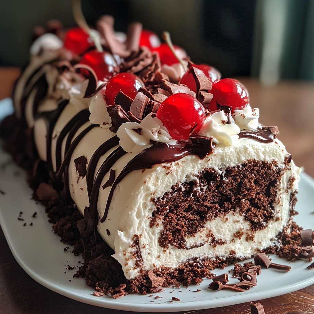Gâteau roulé Forêt-Noire garni de chantilly et cerises, décoré de copeaux de chocolat et de cerises entières sur une assiette.