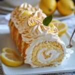 Gâteau roulé au citron recouvert de meringue dorée, tranché et présenté sur un plat, avec génoise moelleuse et lemon curd brillant à l’intérieur.