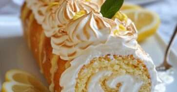 Gâteau roulé au citron recouvert de meringue dorée, tranché et présenté sur un plat, avec génoise moelleuse et lemon curd brillant à l’intérieur.