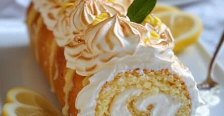 Gâteau roulé au citron recouvert de meringue dorée, tranché et présenté sur un plat, avec génoise moelleuse et lemon curd brillant à l’intérieur.