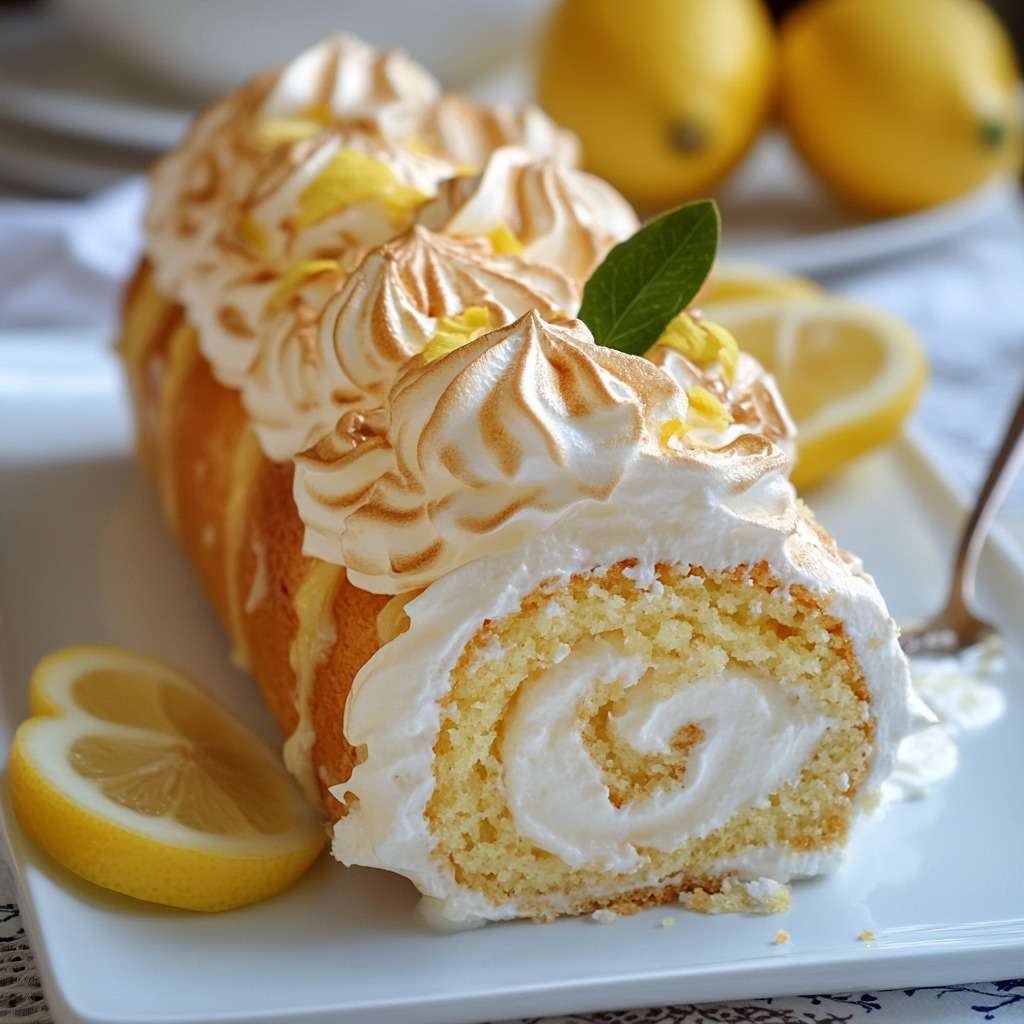 Gâteau roulé au citron recouvert de meringue dorée, tranché et présenté sur un plat, avec génoise moelleuse et lemon curd brillant à l’intérieur.
