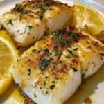 Filets de cabillaud au citron et à l’ail cuits au four, nappés d’une sauce au beurre, huile d’olive et persil, garnis de rondelles de citron et servis dans un plat familial.