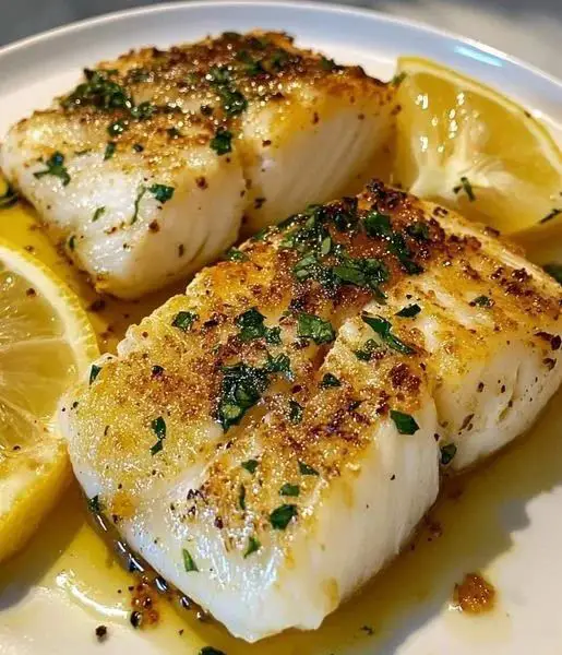 Filets de cabillaud au citron et à l’ail cuits au four, nappés d’une sauce au beurre, huile d’olive et persil, garnis de rondelles de citron et servis dans un plat familial.