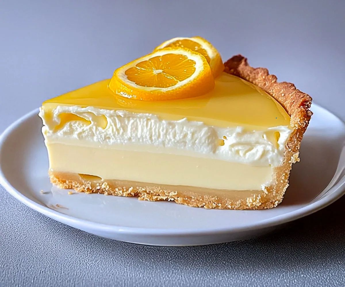 Tarte crémeuse aux agrumes avec glaçage citron orange brillant et décoration de tranches d’agrumes.