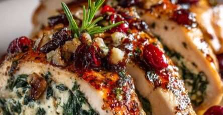 Poitrines de poulet farcies aux épinards, brie et canneberges, dorées au four, nappées d’un glaçage miel-balsamique et garnies de brins de romarin.