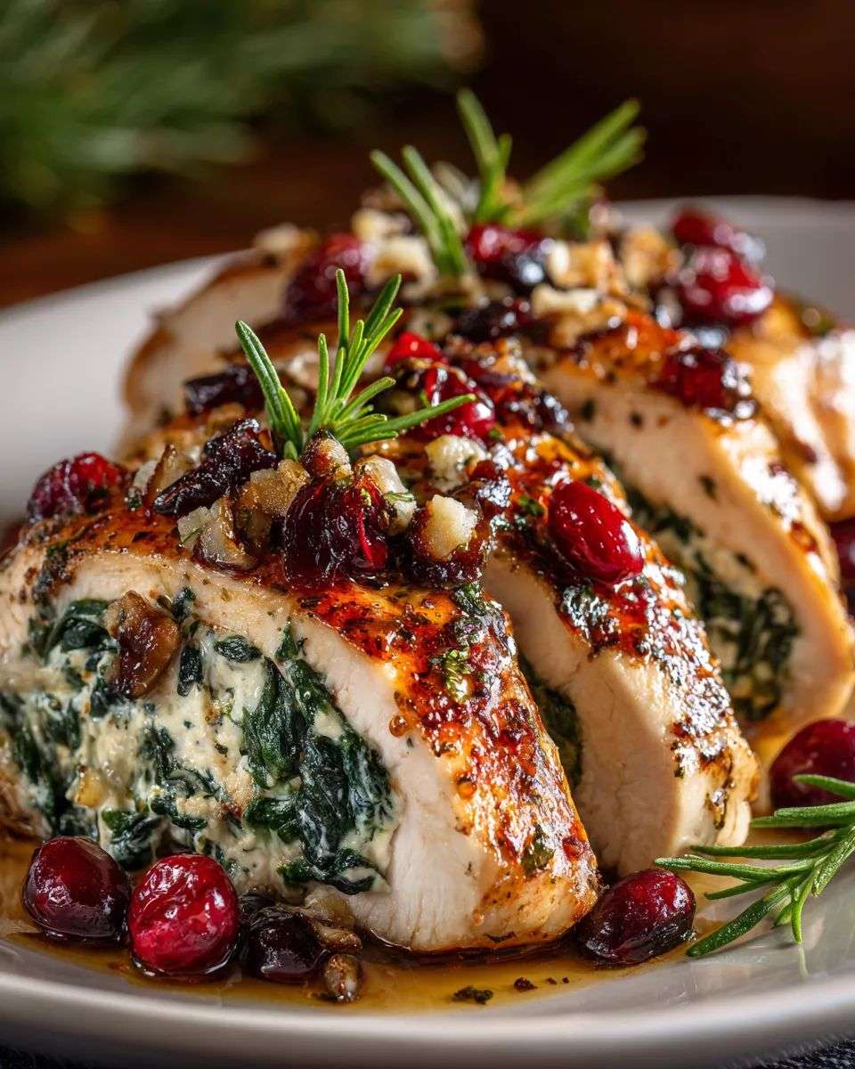 Poitrines de poulet farcies aux épinards, brie et canneberges, dorées au four, nappées d’un glaçage miel-balsamique et garnies de brins de romarin.